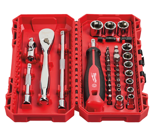 Milwaukee 1/4" hylsysarja r&auml;ik&auml;ll&auml; ja v&auml;&auml;ntimell&auml;, 5.5-14mm, 38-osaa