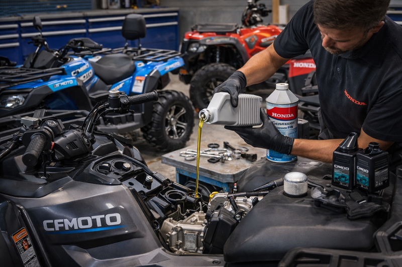 CFMoto-m&ouml;nkij&auml;n 100 tunnin huolto k&auml;ynniss&auml;, moottori&ouml;ljyn vaihto huoltoliikkeess&auml;